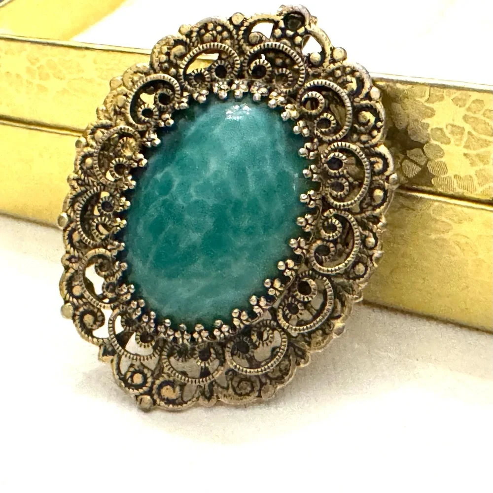 Victorian Goldette Filigree Turquoise Pecking Glass Pendant/Brooch